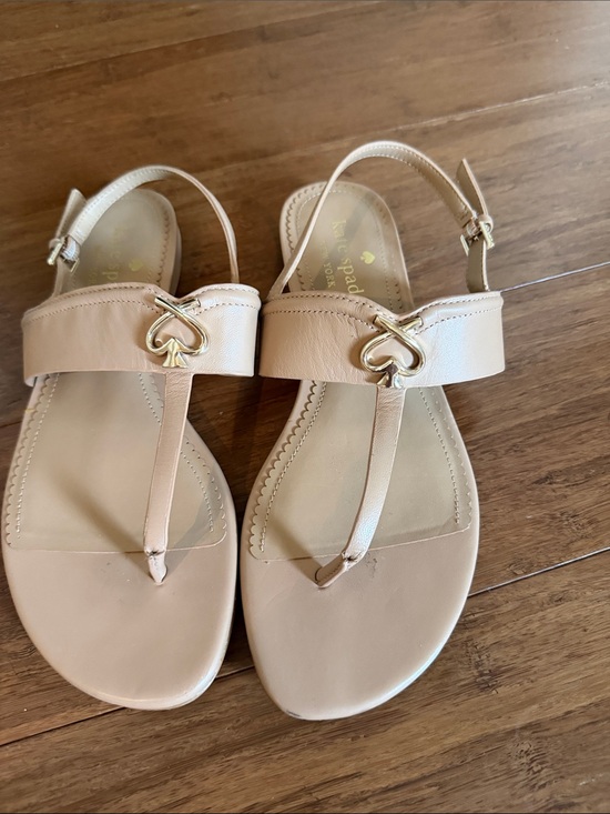 kate spade Shoes - kate spade Blush Leather T-Strap Sandals with Gold Heart Spade Accent